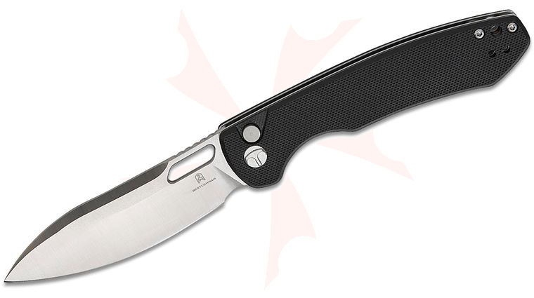 Bestechman Firebird Button Lock Folding Knife 3.54 inch D2 Two-Tone Drop Point Blade, Black G10 Handles