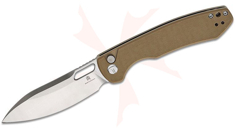 Bestechman Firebird Button Lock Folding Knife 3.54 inch D2 Two-Tone Drop Point Blade, Beige G10 Handles