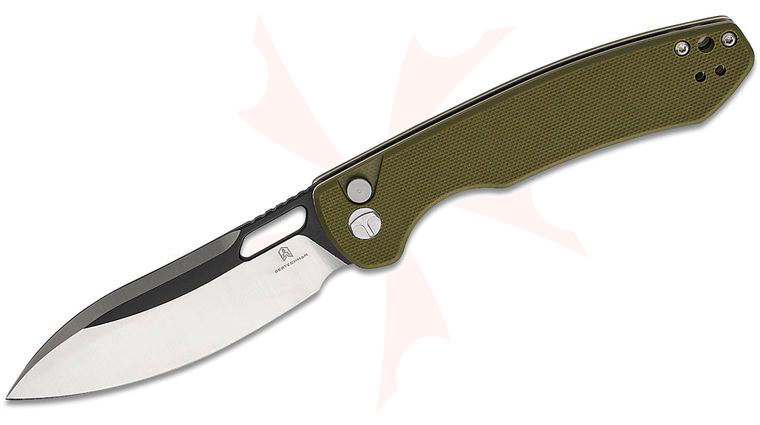 Bestechman Firebird Button Lock Folding Knife 3.54 inch D2 Two-Tone Drop Point Blade, OD Green G10 Handles