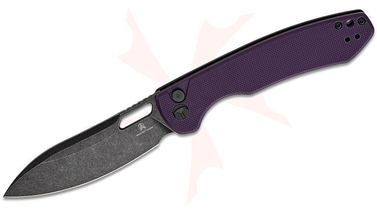 Bestechman Firebird Button Lock Folding Knife 3.54 inch D2 Black Stonewash Drop Point Blade, Purple G10 Handles