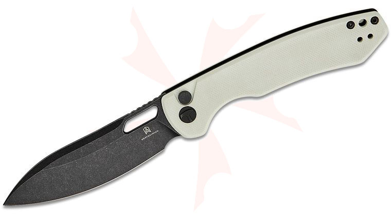 Bestechman Firebird Button Lock Folding Knife 3.54 inch D2 Black Stonewash Drop Point Blade, White G10 Handles