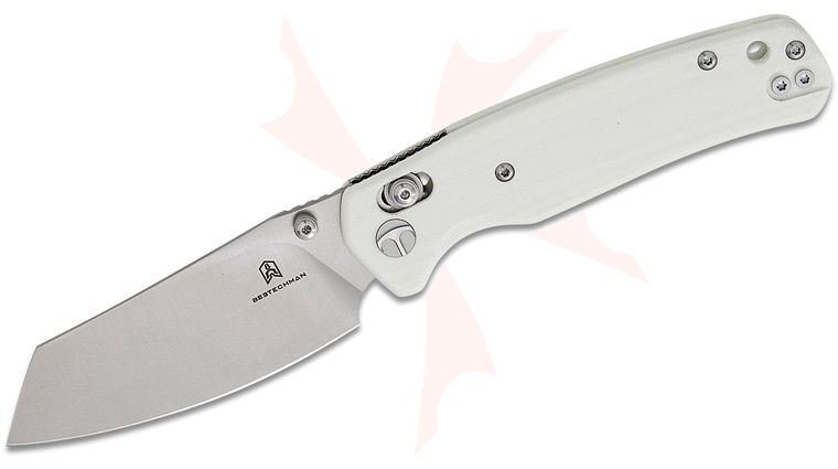 Bestechman Cicada's Wing B-Lock Folding Knife 3.15 inch Satin Reverse Tanto Blade, White G10 Handles