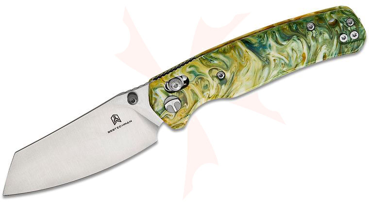 Bestechman Cicada's Wing B-Lock Folding Knife 3.15 inch Satin Reverse Tanto Blade,  Green Patterned Resin Handles