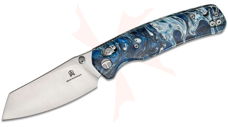 Bestechman Cicada's Wing B-Lock Folding Knife 3.15 inch Satin Reverse Tanto Blade,  Blue Patterned Resin Handles