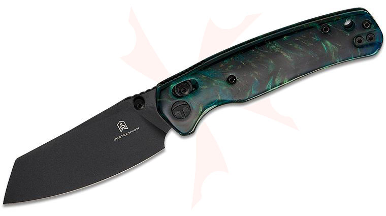 Bestechman Cicada's Wing B-Lock Folding Knife 3.15 inch Black PVD Reverse Tanto Blade, Teal Patterned Resin Handles