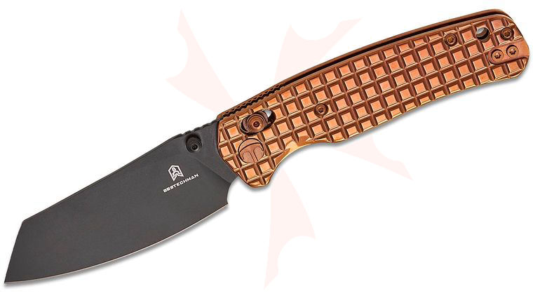 Bestechman Cicada's Wing B-Lock Folding Knife 3.15 inch Black PVD Reverse Tanto Blade, Frag Pattern Bronze PVD Stainless Steel Handles, Reversible Clip