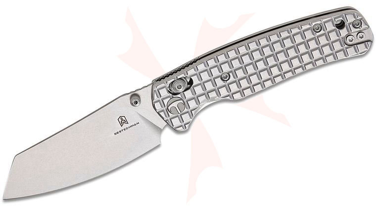 Bestechman Cicada's Wing B-Lock Folding Knife 3.15 inch Stonewashed Reverse Tanto Blade, Frag Pattern Mirror Polished Stainless Steel Handles, Reversible Clip