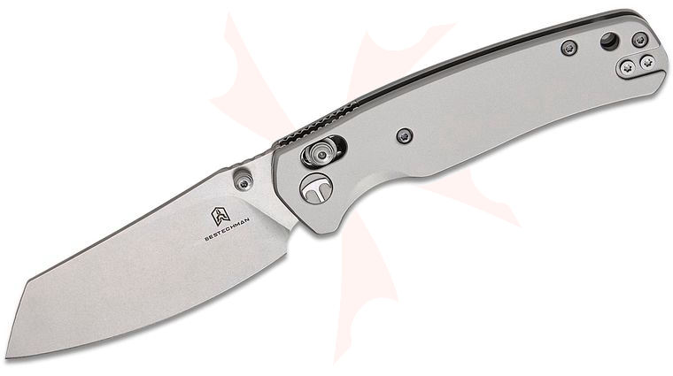 Bestechman Cicada's Wing B-Lock Folding Knife 3.15 inch Stonewashed Reverse Tanto Blade, Bead Blast Stainless Steel Handles, Reversible Clip