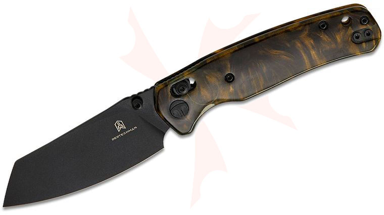 Bestechman Cicada's Wing B-Lock Folding Knife 3.15 inch Black PVD Reverse Tanto Blade, Dark Gold Patterned Resin Handles