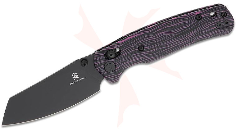 Bestechman Cicada's Wing B-Lock Folding Knife 3.15 inch Black PVD Reverse Tanto Blade, Purple/Black G10 Handles
