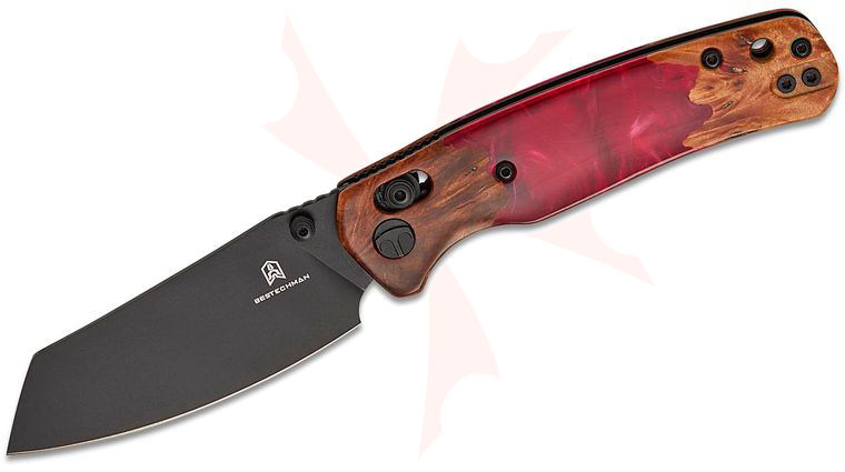 Bestechman Cicada's Wing B-Lock Folding Knife 3.15 inch Black PVD Reverse Tanto Blade, Wood and Red Resin Handles, Reversible Clip
