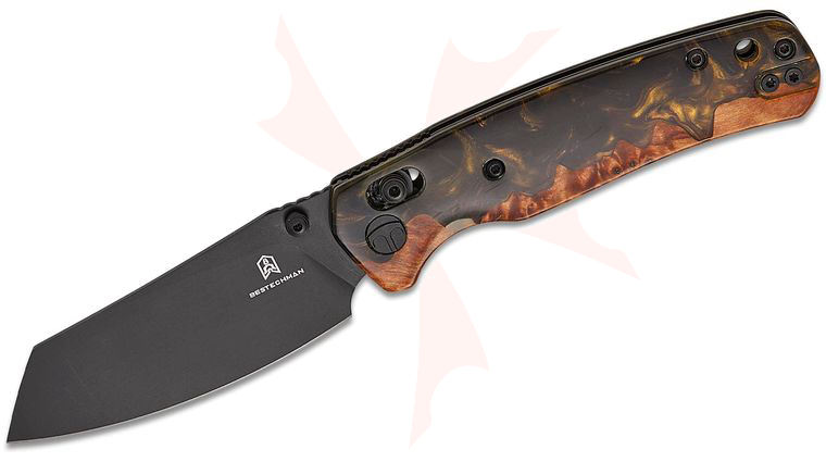 Bestechman Cicada's Wing B-Lock Folding Knife 3.15 inch Black PVD Reverse Tanto Blade, Wood and Black/Gold Resin Handles, Reversible Clip