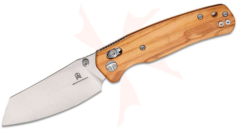Bestechman Cicada's Wing B-Lock Folding Knife 3.15 inch Satin Reverse Tanto Blade, Olive Wood Handles, Reversible Clip