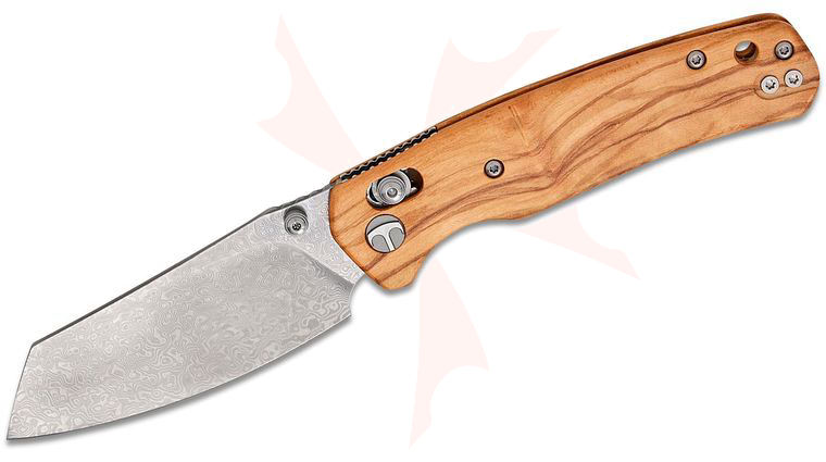 Bestechman Cicada's Wing B-Lock Folding Knife 3.15 inch Damascus Reverse Tanto Blade, Olive Wood Handles, Reversible Clip