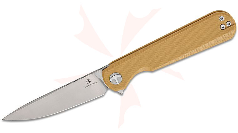 Bestechman Ostap Hel Flick Liner Lock Flipper Knife 3.49 inch D2 Satin Drop Point Blade, Khaki G10 Handles