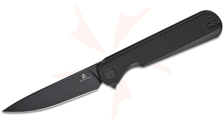 Bestechman Ostap Hel Flick Liner Lock Flipper Knife 3.49 inch D2 Black PVD Drop Point Blade, Black G10 Handles