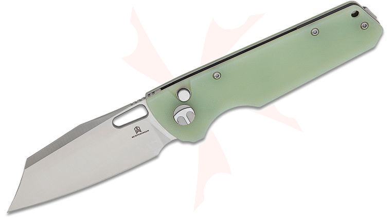 Bestechman Guardian Button Lock Folding Knife 3.21 inch D2 Satin Modified Wharncliffe Blade, Jade G10 Handles