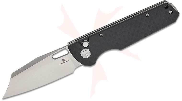 Bestechman Guardian Button Lock Folding Knife 3.21 inch D2 Satin Modified Wharncliffe Blade, Black Patterned G10 Handles