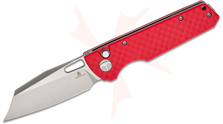 Bestechman Guardian Button Lock Folding Knife 3.21 inch D2 Satin Modified Wharncliffe Blade, Red Patterned G10 Handles