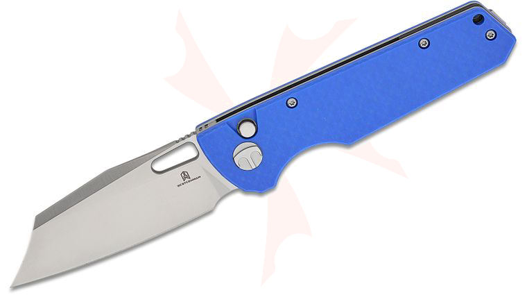 Bestechman Guardian Button Lock Folding Knife 3.21 inch D2 Satin Modified Wharncliffe Blade, Blue Patterned G10 Handles