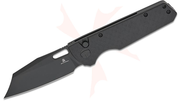 Bestechman Guardian Button Lock Folding Knife 3.21 inch D2 Black PVD Modified Wharncliffe Blade, Black Patterned G10 Handles