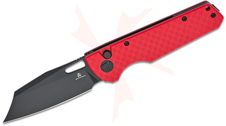 Bestechman Guardian Button Lock Folding Knife 3.21 inch D2 Black PVD Modified Wharncliffe Blade, Red Patterned G10 Handles