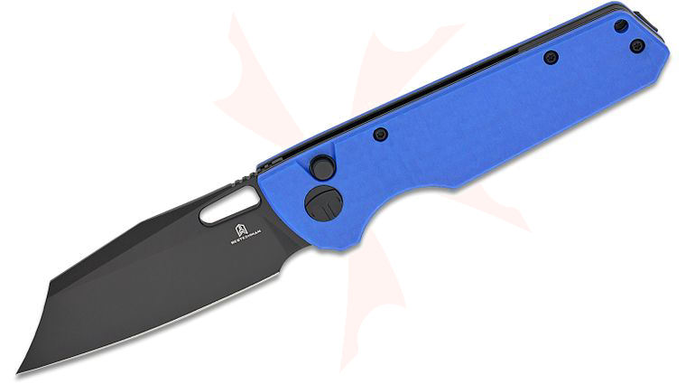 Bestechman Guardian Button Lock Folding Knife 3.21 inch D2 Black PVD Modified Wharncliffe Blade, Blue Patterned G10 Handles