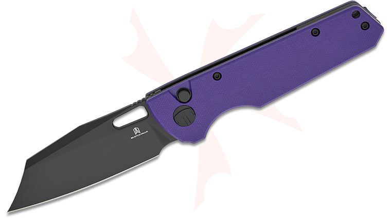 Bestechman Guardian Button Lock Folding Knife 3.21 inch D2 Black PVD Modified Wharncliffe Blade, Purple G10 Handles