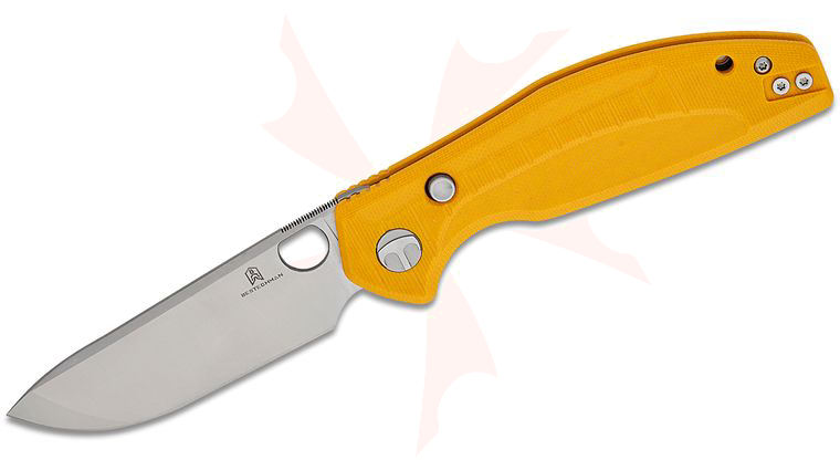 Bestechman Keanu Angry Owl Button Lock Folding Knife 3.25 inch D2 Satin Drop Point Blade, Yellow G10 Handles