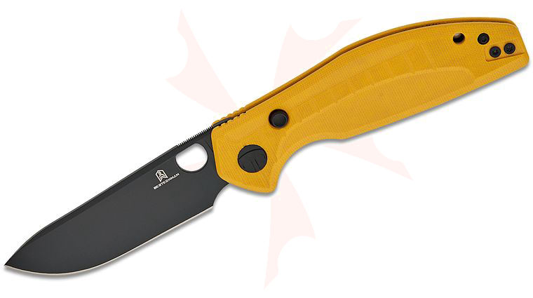 Bestechman Keanu Angry Owl Button Lock Folding Knife 3.25 inch D2 Black PVD Drop Point Blade, Yellow G10 Handles