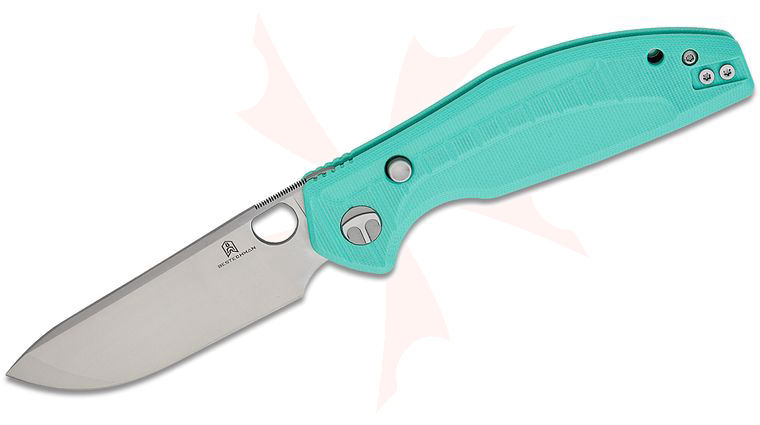 Bestechman Keanu Angry Owl Button Lock Folding Knife 3.25 inch D2 Satin Drop Point Blade, Aqua G10 Handles