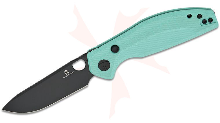 Bestechman Keanu Angry Owl Button Lock Folding Knife 3.25 inch D2 Black PVD Drop Point Blade, Aqua G10 Handles