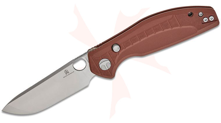 Bestechman Keanu Angry Owl Button Lock Folding Knife 3.25 inch D2 Satin Drop Point Blade, Brown G10 Handles