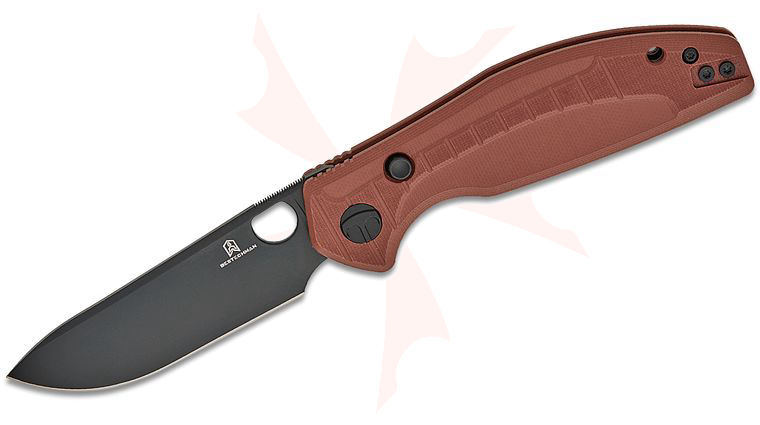 Bestechman Keanu Angry Owl Button Lock Folding Knife 3.25 inch D2 Black PVD Drop Point Blade, Brown G10 Handles