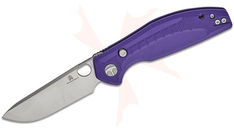 Bestechman Keanu Angry Owl Button Lock Folding Knife 3.25 inch D2 Satin Drop Point Blade, Purple G10 Handles