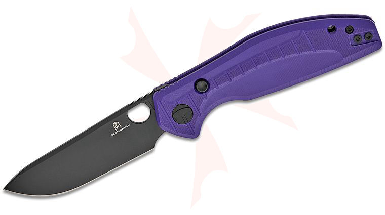 Bestechman Keanu Angry Owl Button Lock Folding Knife 3.25 inch D2 Black PVD Drop Point Blade, Purple G10 Handles
