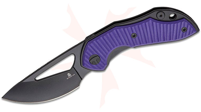 Bestechman Triassic Front Flipper Knife 2.52 inch 14C28N Black PVD Drop Point Blade, Purple G10 Handles