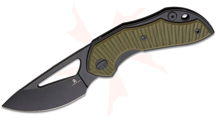 Bestechman Triassic Front Flipper Knife 2.52 inch 14C28N Black PVD Drop Point Blade, OD Green G10 Handles