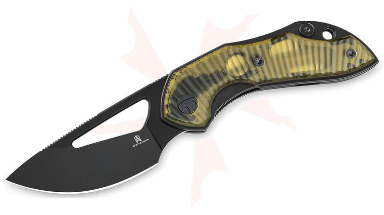 Bestechman Triassic Front Flipper Knife 2.52 inch 14C28N Black PVD Drop Point Blade, Amber Ultem Handles
