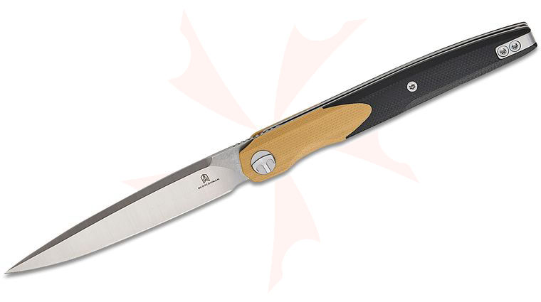 Bestechman Kombou Lanza Liner Lock Front Flipper Knife 3.38 inch 14C28N Satin Drop Point Blade, Khaki and Black G10 Handles