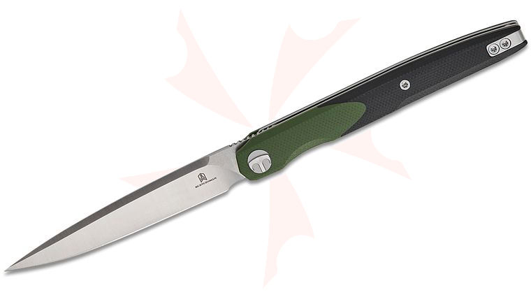Bestechman Kombou Lanza Liner Lock Front Flipper Knife 3.38 inch 14C28N Satin Drop Point Blade, OD Green and Black G10 Handles