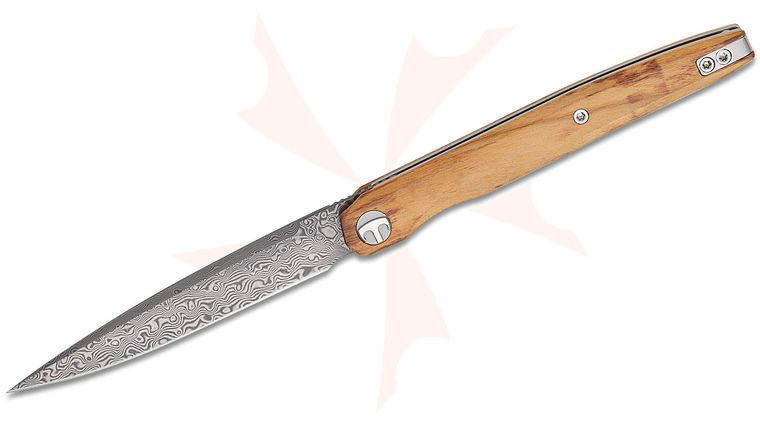 Bestechman Kombou Lanza Liner Lock Front Flipper Knife 3.38 inch Damascus Drop Point Blade, Olive Wood Handles