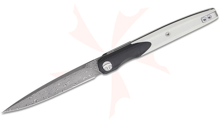 Bestechman Kombou Lanza Liner Lock Front Flipper Knife 3.38 inch Damascus Drop Point Blade, White and Black G10 Handles