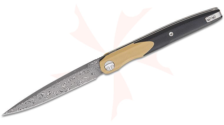 Bestechman Kombou Lanza Liner Lock Front Flipper Knife 3.38 inch Damascus Drop Point Blade, Khaki and Black G10 Handles