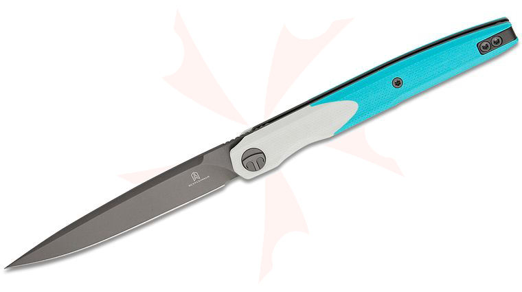 Bestechman Kombou Lanza Liner Lock Front Flipper Knife 3.38 inch 14C28N Gray PVD Drop Point Blade, White and Light Blue G10 Handles