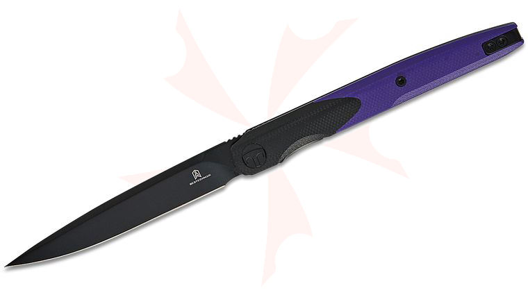 Bestechman Kombou Lanza Liner Lock Front Flipper Knife 3.38 inch 14C28N Black PVD Drop Point Blade, Purple and Black G10 Handles