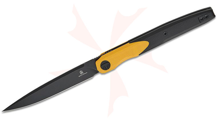 Bestechman Kombou Lanza Liner Lock Front Flipper Knife 3.38 inch 14C28N Black Stonewashed Drop Point Blade, Yellow and Black G10 Handles