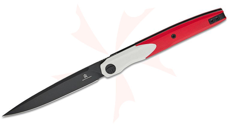 Bestechman Kombou Lanza Liner Lock Front Flipper Knife 3.38 inch 14C28N Black Stonewashed Drop Point Blade, White and Red G10 Handles