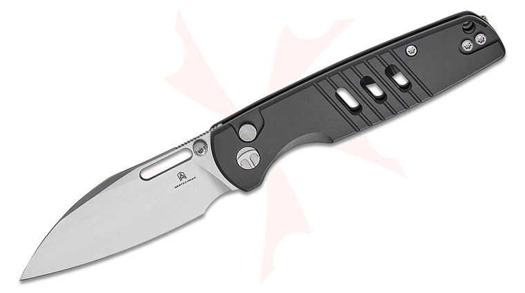 Bestechman Vector Button Lock Folding Knife 3.15 inch D2 Stonewash Modified Wharncliffe Blade, Black Aluminum Handles
