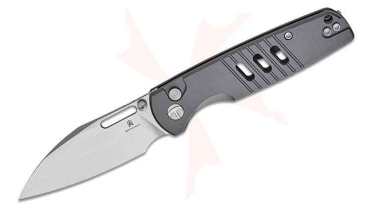 Bestechman Vector Button Lock Folding Knife 3.15 inch D2 Stonewash Modified Wharncliffe Blade, Gray Aluminum Handles